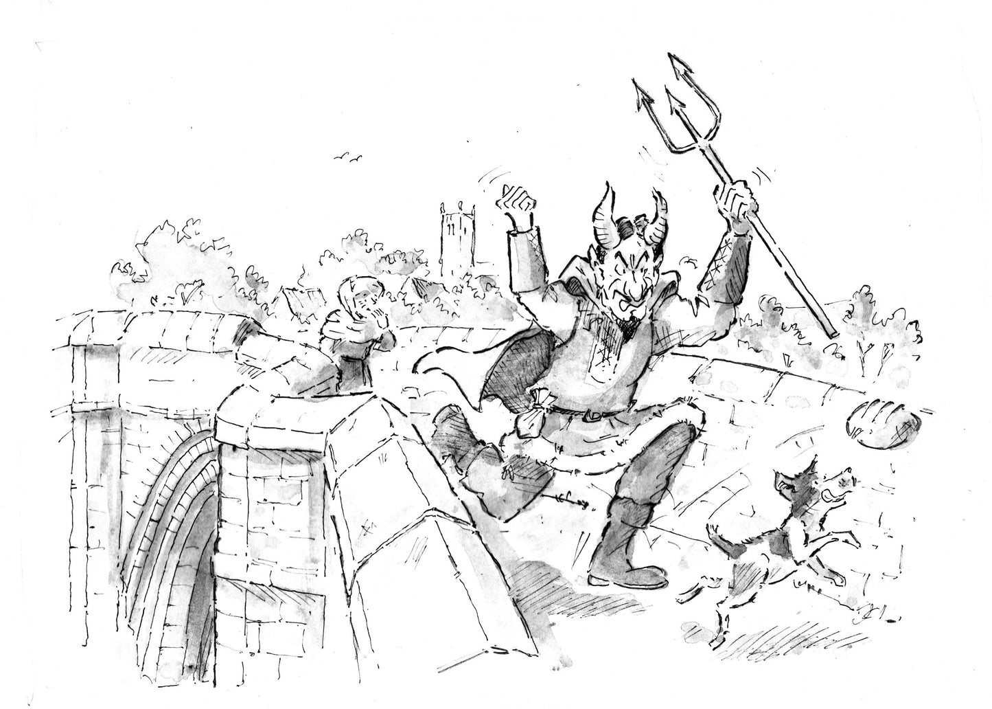 Interpretation panel illustration for the Devils Bridge story, Kirkby Lonsdale